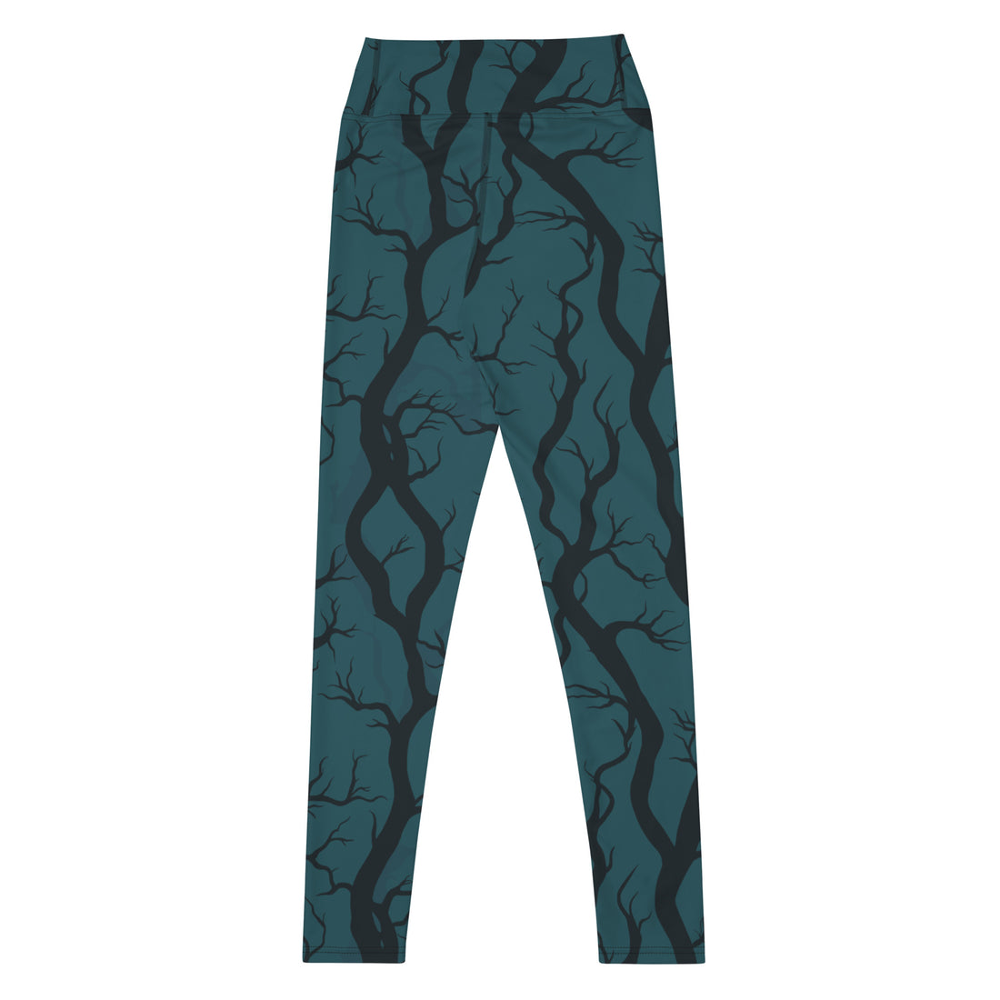 Halloween-inspired yoga leggings with a tree branch design in teal color.