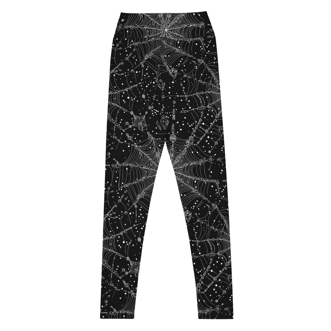 Halloween-themed yoga leggings with spiderweb design in black and white