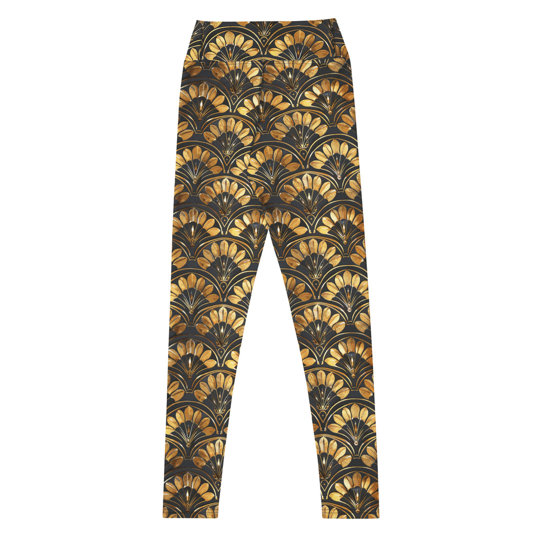 Halloween-inspired yoga leggings with a golden fan pattern, soft and stretchy, perfect for yoga sessions and casual wear.