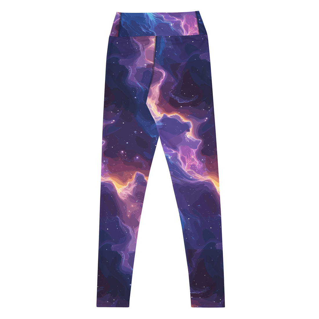 Cosmic yoga leggings in mystical colors, perfect for Halloween season, worn by a woman holding a yoga mat.