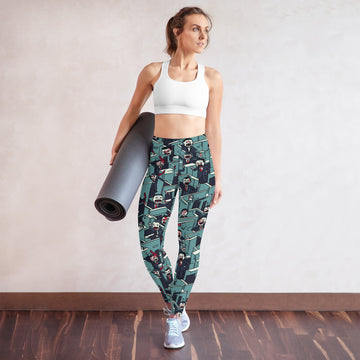 Women wearing spooky Halloween yoga leggings with unique print, holding a yoga mat.