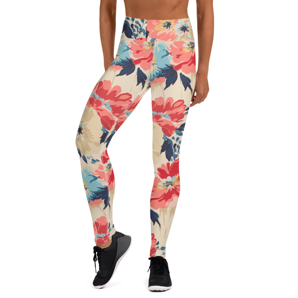 Yoga leggings with vibrant coral and indigo floral design against a beige background, perfect for winter fashion.