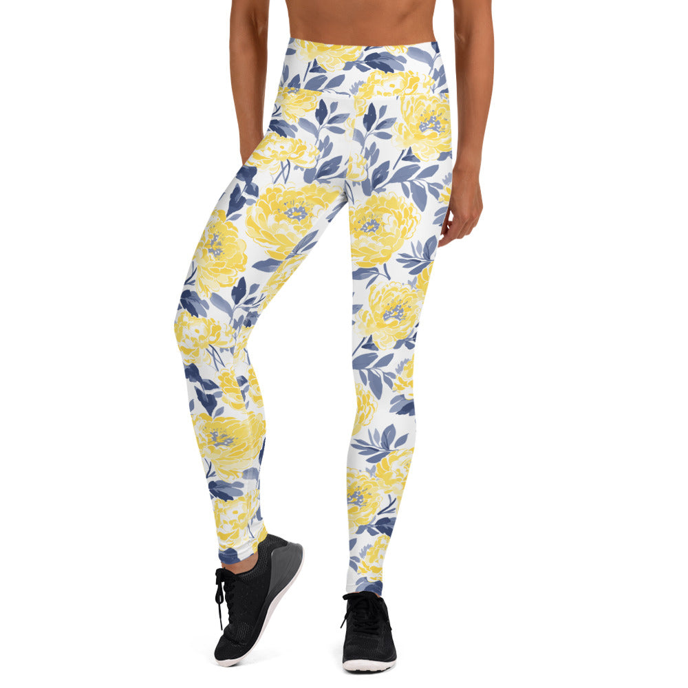 Yellow Peony Floral Yoga Leggings with vibrant yellow and navy floral design on a white background. Perfect for winter fashion and yoga.