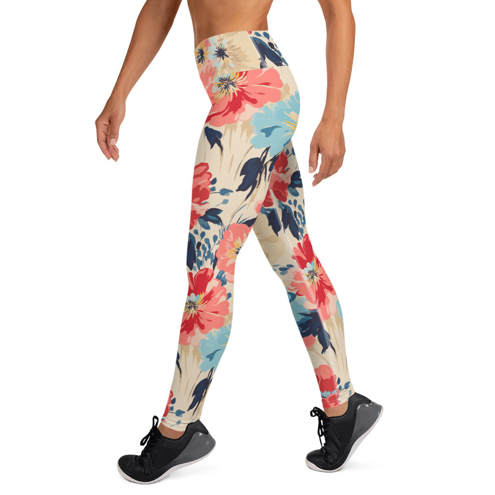 Yoga leggings with vibrant coral and indigo floral design against a beige background, perfect for winter fashion.