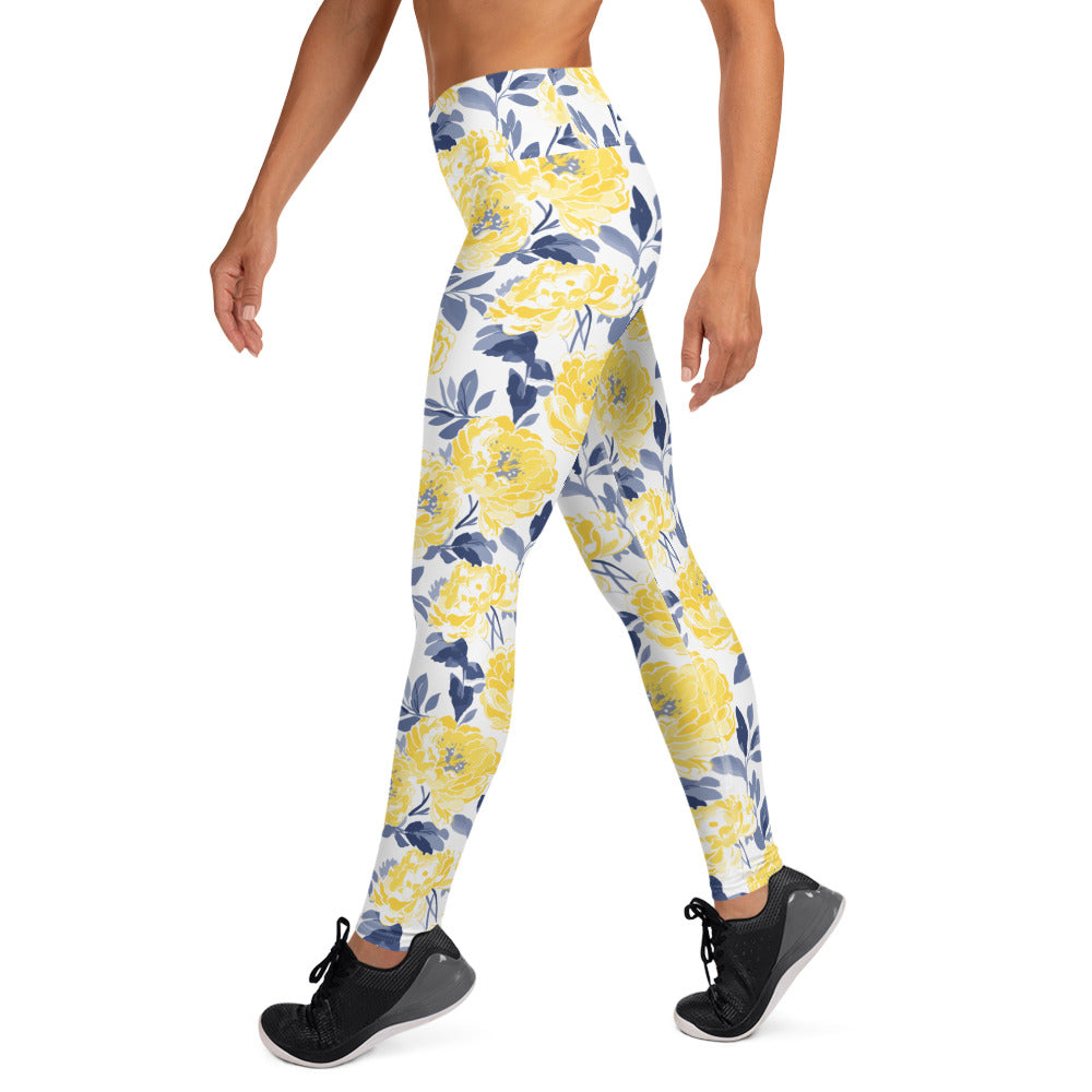 Yellow Peony Floral Yoga Leggings with vibrant yellow and navy floral design on a white background. Perfect for winter fashion and yoga.