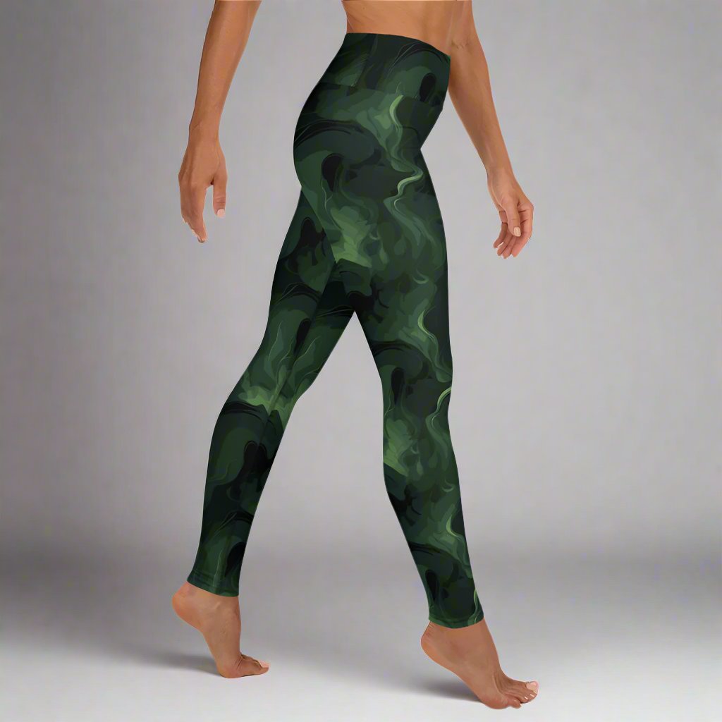 Camo yoga leggings featuring a raised waistband and four-way stretch, perfect for workouts.