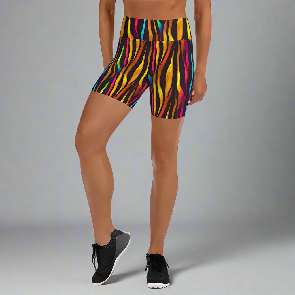 Colorful vibrant stripe pattern yoga shorts with high waistband for women.