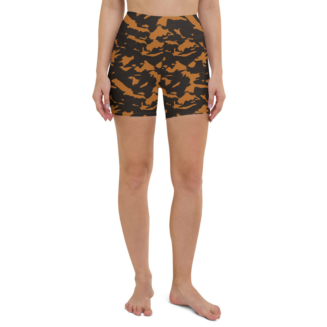 Camo high-waisted yoga shorts for women with brown and green pattern.