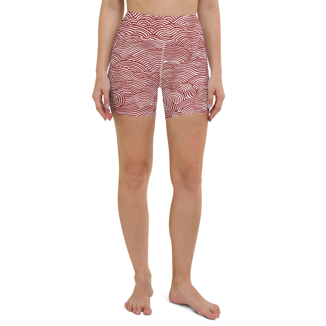 Stylish wave pattern yoga shorts with a high waistband in red and white.