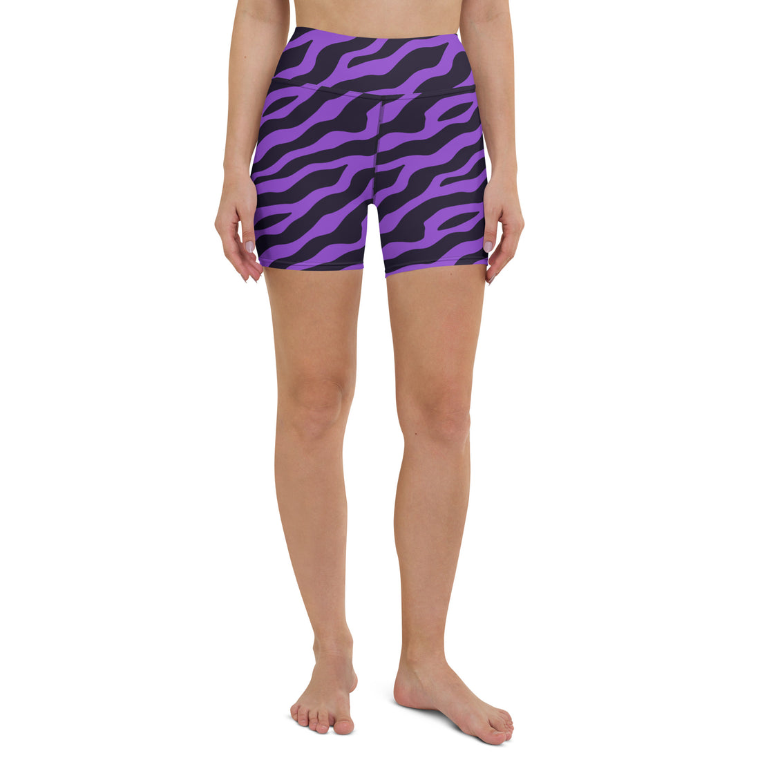 Purple zebra print yoga shorts with high waistband, designed for comfort and style in workouts.