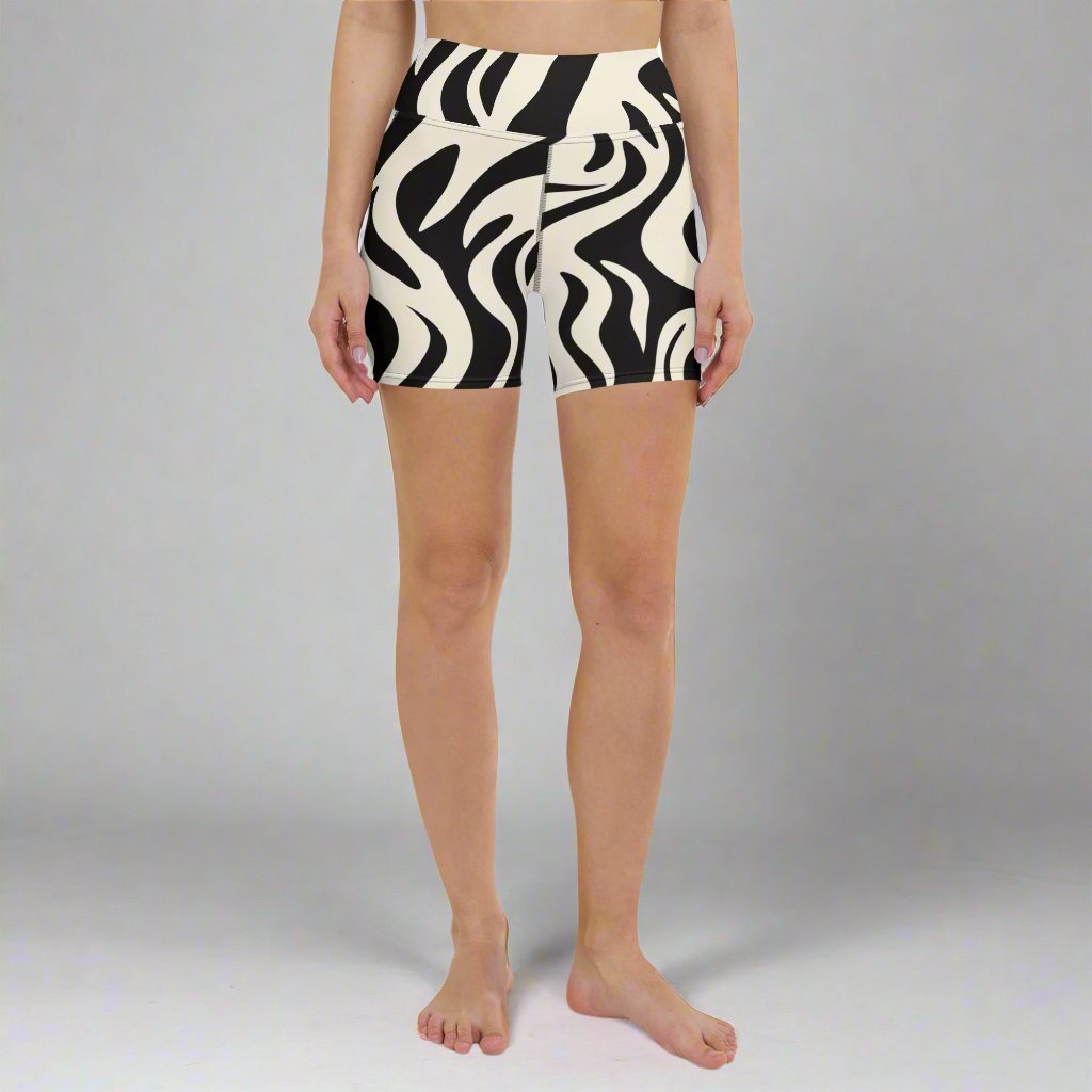 Chic zebra print yoga shorts featuring a high waistband and soft microfiber fabric