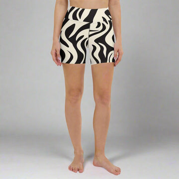 Chic zebra print yoga shorts featuring a high waistband and soft microfiber fabric