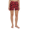 Leopard print yoga shorts in red and black, featuring a comfortable high waistband and stylish design.