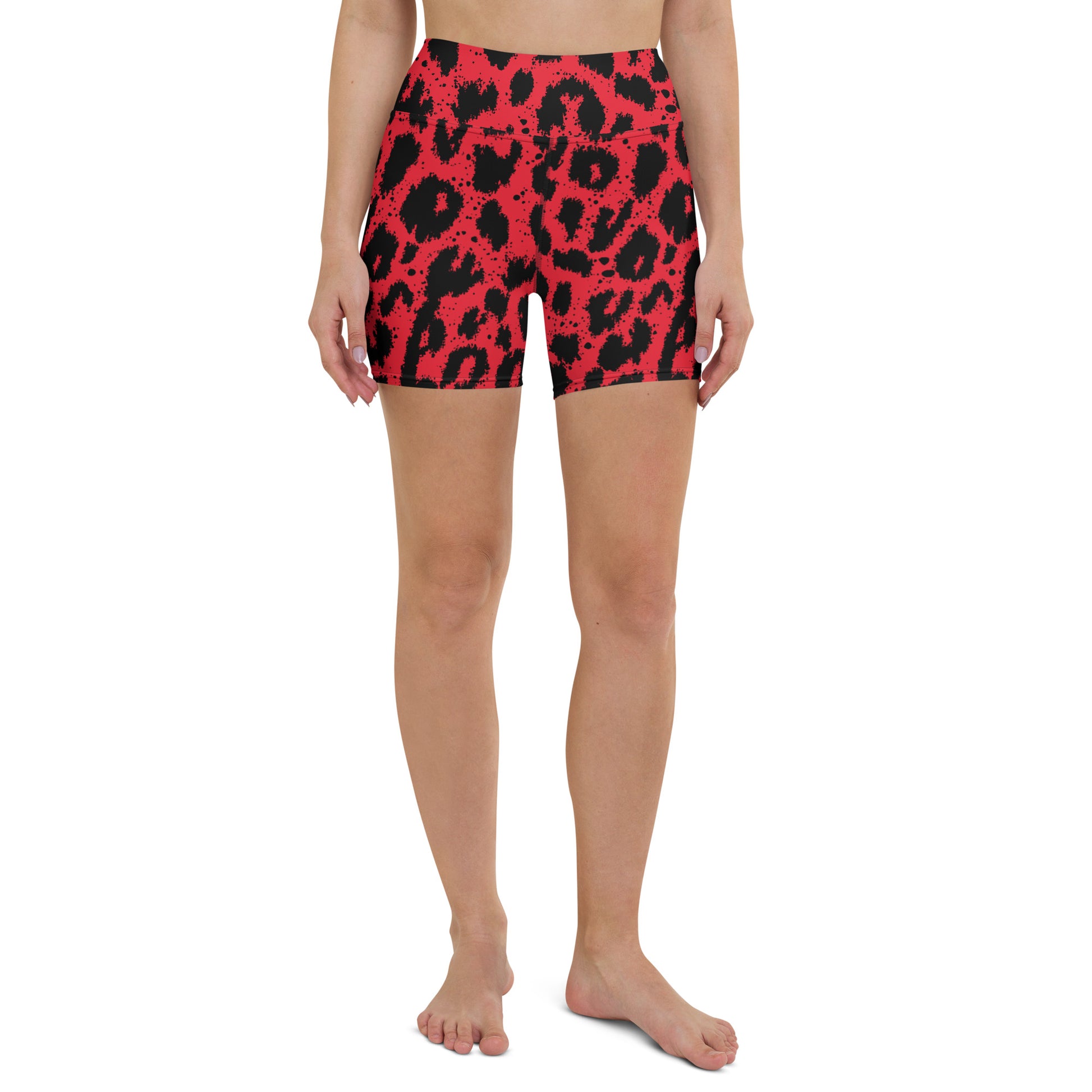 Leopard print yoga shorts in red and black, featuring a comfortable high waistband and stylish design.