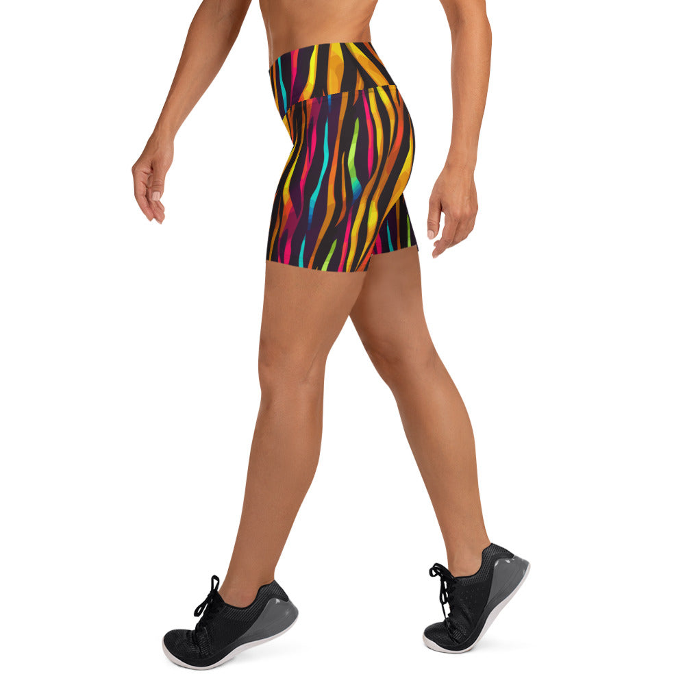 Colorful vibrant stripe pattern yoga shorts with high waistband for women.