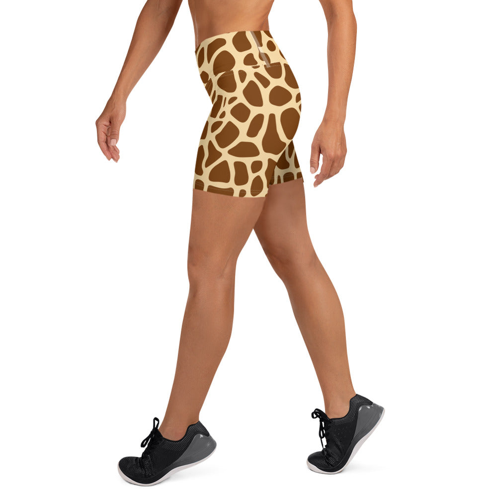 Giraffe print yoga shorts for women, featuring a high waistband and soft fabric.