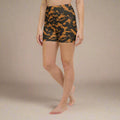 Camo high-waisted yoga shorts for women with brown and green pattern.