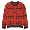 Rust-colored sweater with black starburst knit pattern, crew neck design