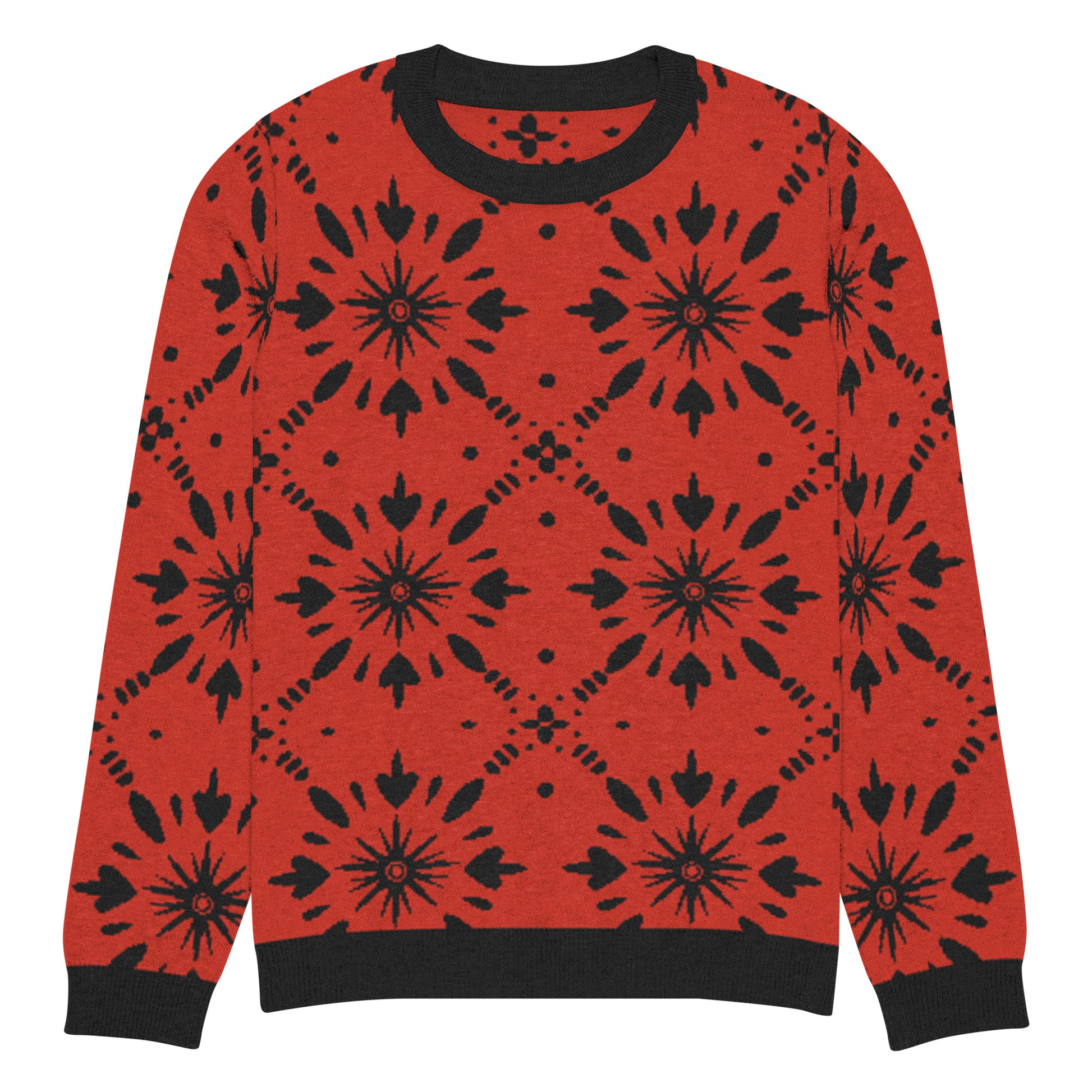 Rust-colored sweater with black starburst knit pattern, crew neck design