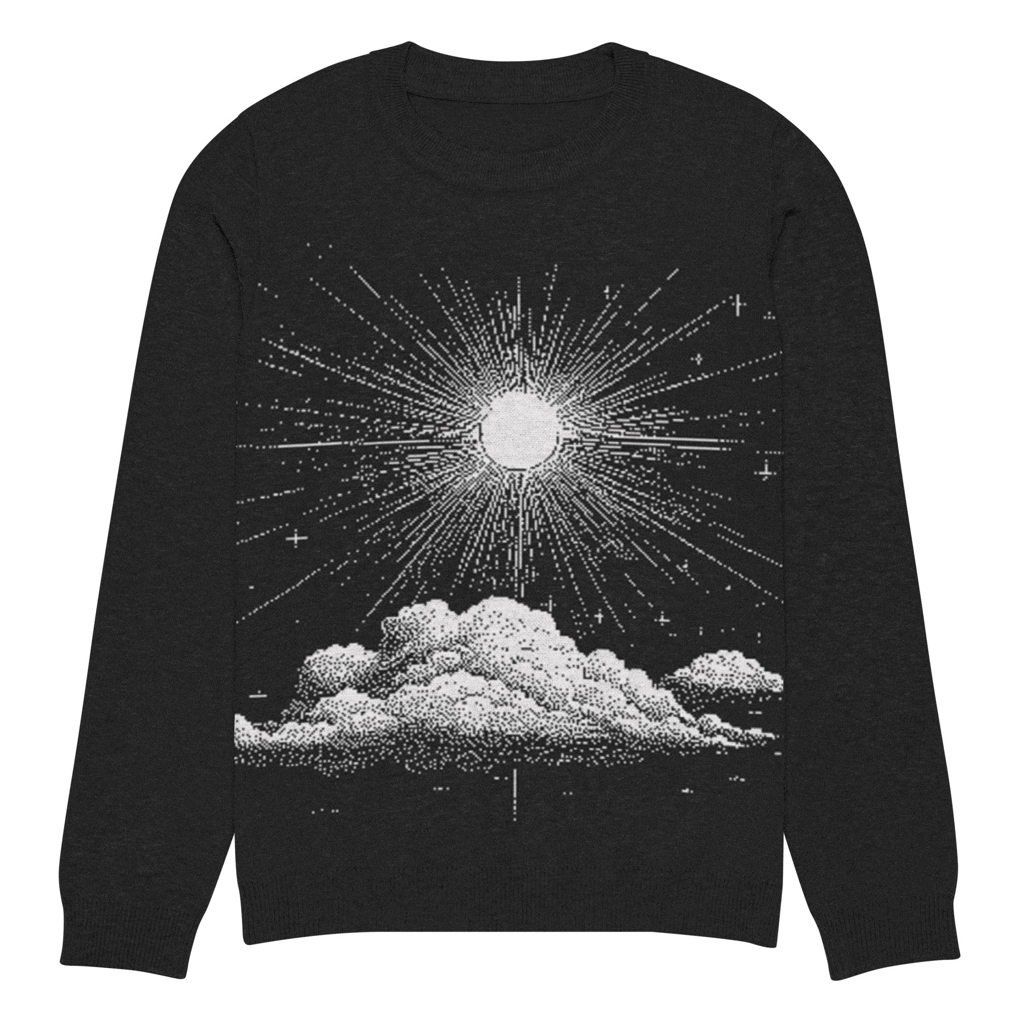 Black knitted sweater featuring a detailed design of a celestial scene with a sunburst and clouds, perfect for winter fashion.