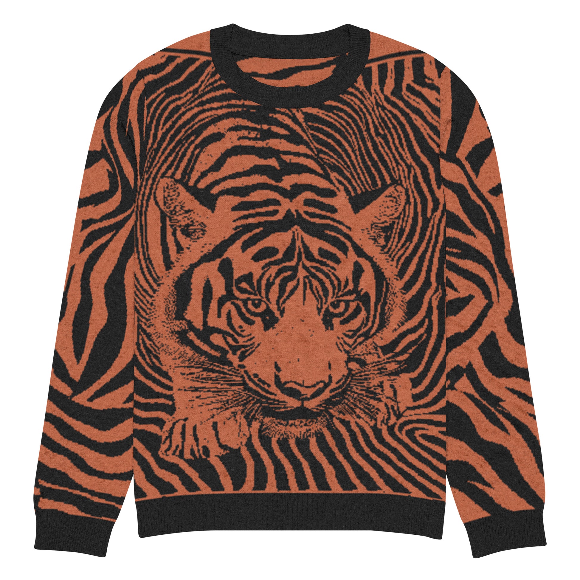 Knitted sweater with a bold tiger design in orange and black with stripes.