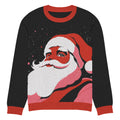 Festive knitted crew neck sweater featuring a bold Santa Claus design in red and white hues, perfect for winter holidays.