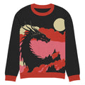 Dragon Moonlight Knitted Sweater showcasing a black dragon amidst pink clouds and a glowing moon, on a soft black knit background. Perfect for winter fashion