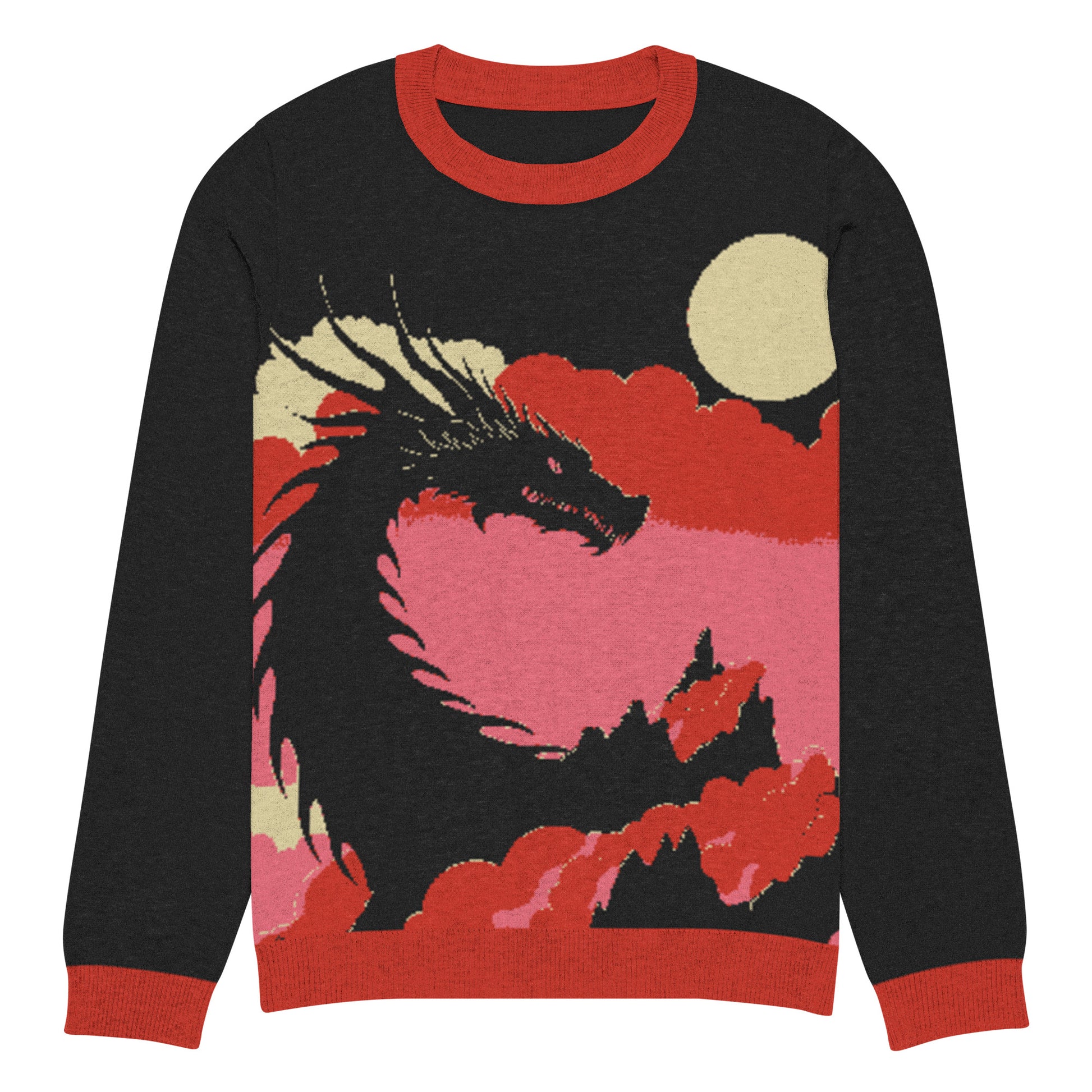 Dragon Moonlight Knitted Sweater showcasing a black dragon amidst pink clouds and a glowing moon, on a soft black knit background. Perfect for winter fashion