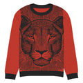 Bold lionhead knitted sweater in rich red and black, featuring a striking lion face design with ribbed crew neck and cuffs, perfect for winter fashion.