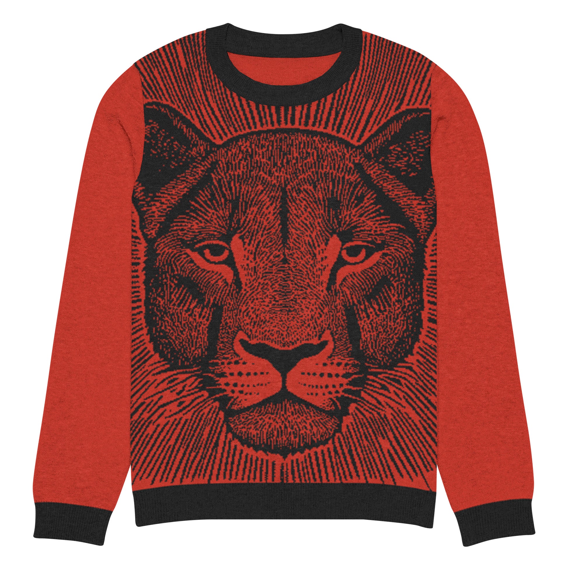 Bold lionhead knitted sweater in rich red and black, featuring a striking lion face design with ribbed crew neck and cuffs, perfect for winter fashion.