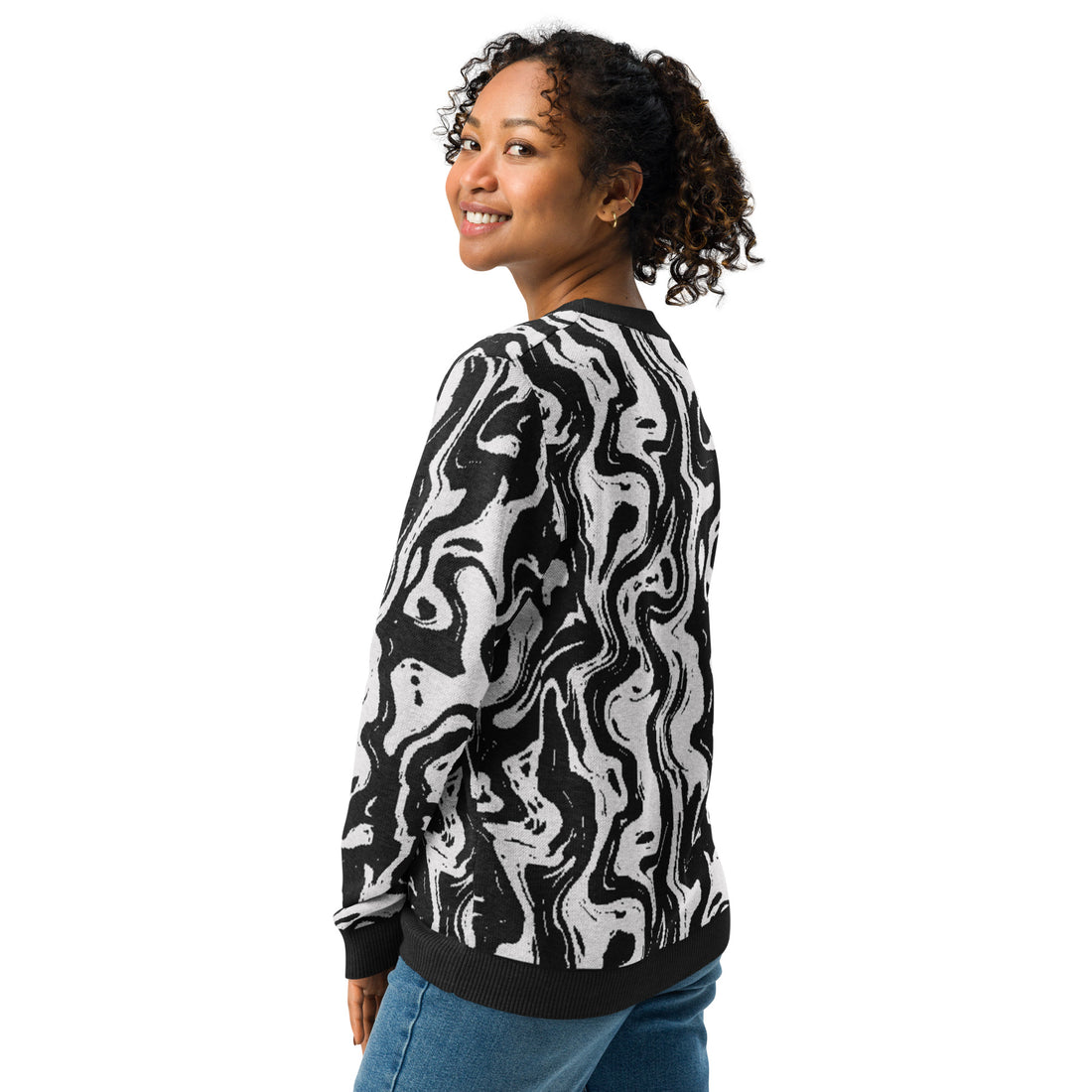 Monochrome black and white abstract art knitted sweater featuring a crew neck design, soft cotton-polyester blend, and intricate pattern ideal for fall and winter fashion.