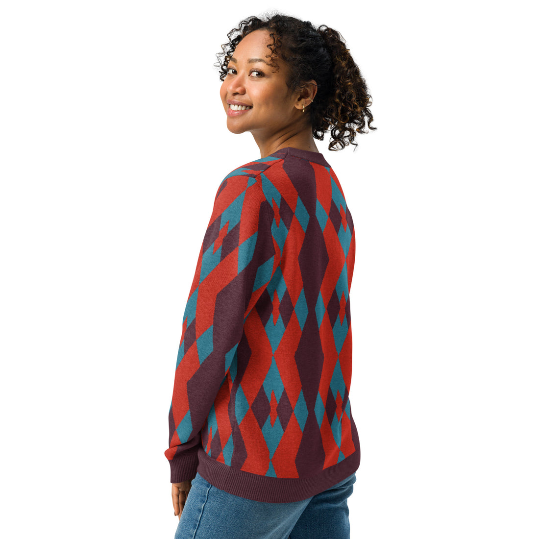 Geometric knit sweater with burgundy and teal diamond patterns, perfect for fall and winter fashion.