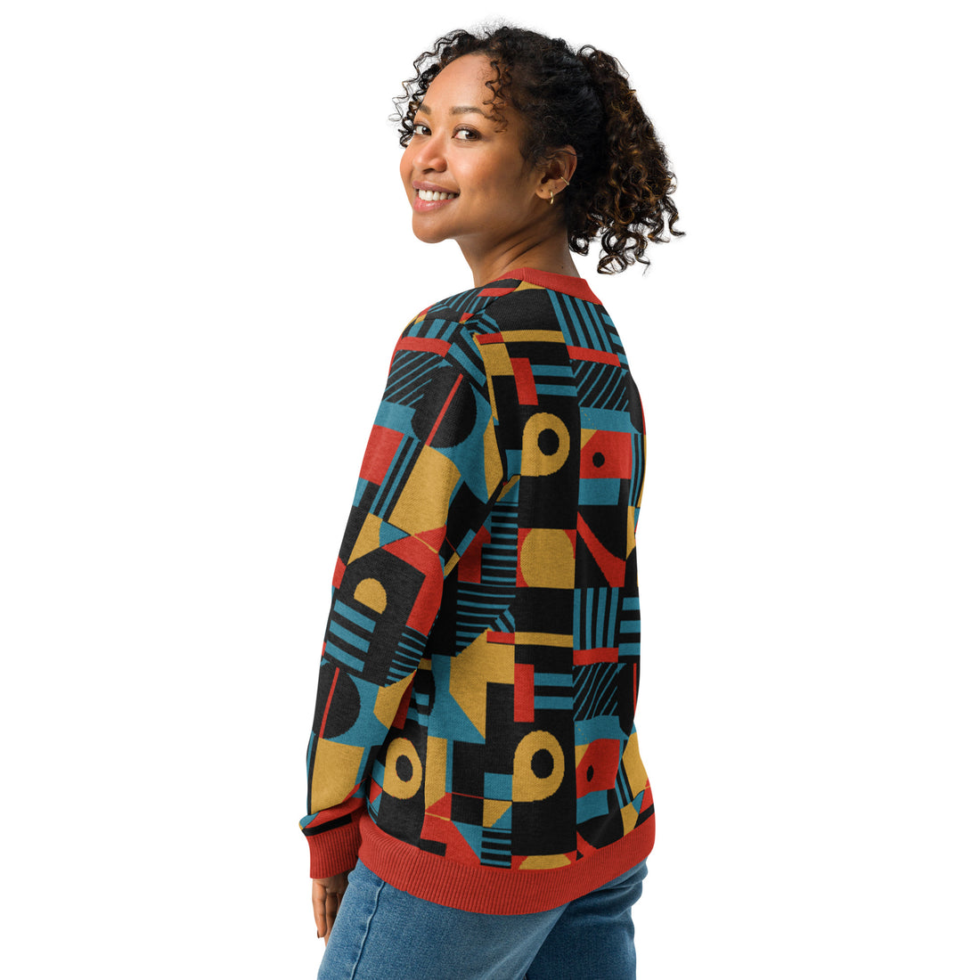 Geometric Harmony Knitted Sweater with abstract geometric patterns in teal, mustard, and coral