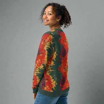 Autumn Blaze Tie-Dye Knitted Sweater with vibrant red, mustard, and green abstract design