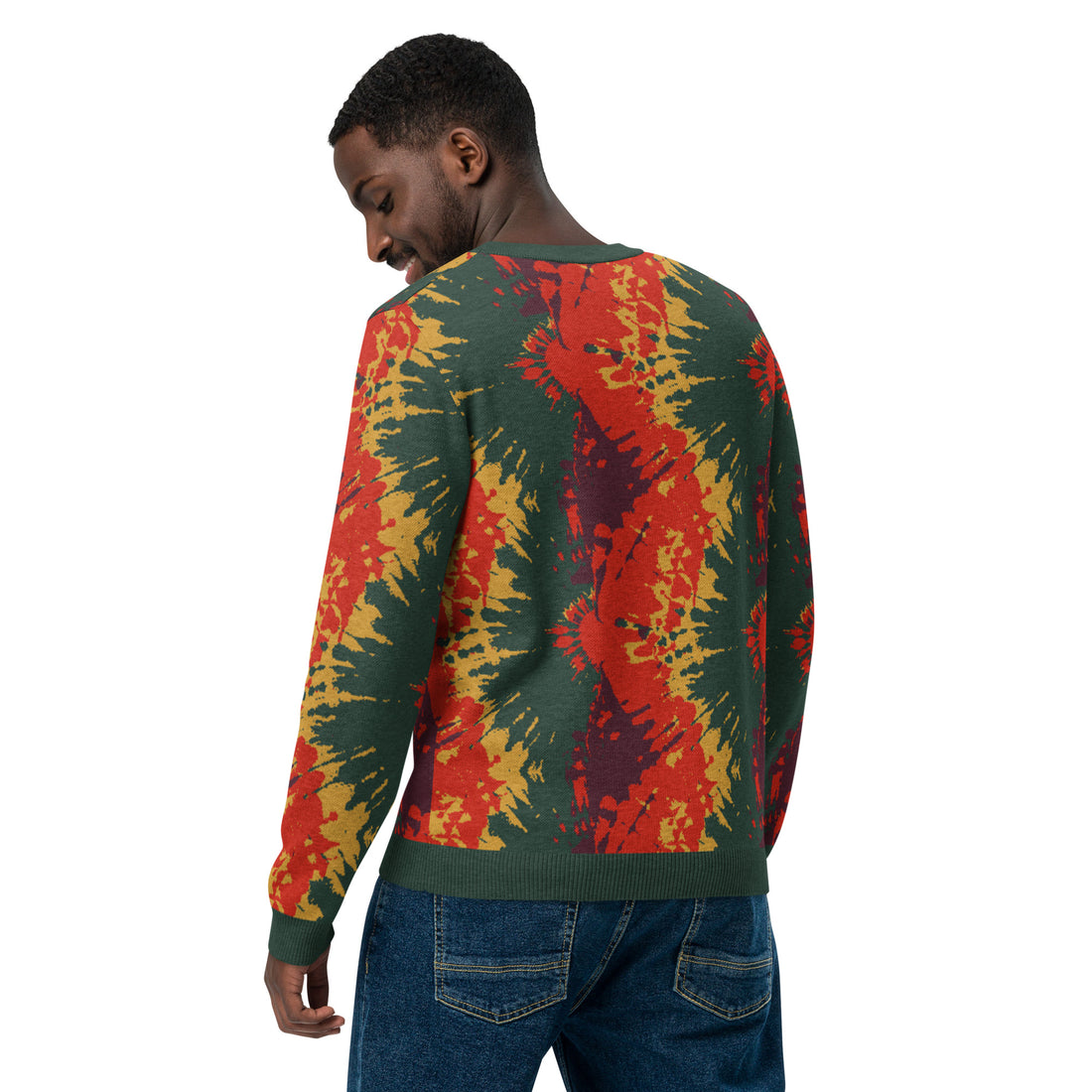 Autumn Blaze Tie-Dye Knitted Sweater with vibrant red, mustard, and green abstract design