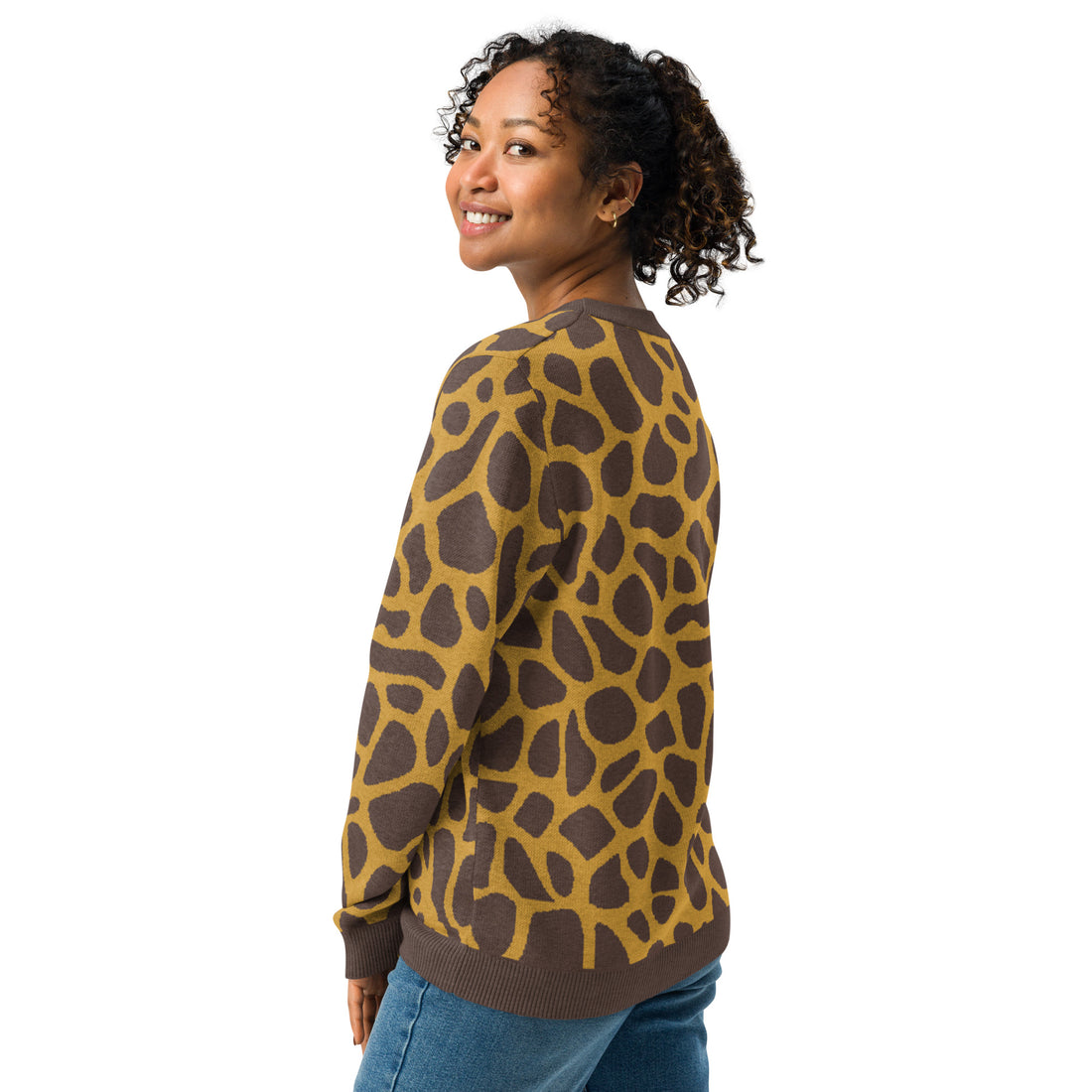 Leopard print knitted crew neck sweater in autumn brown and beige hues