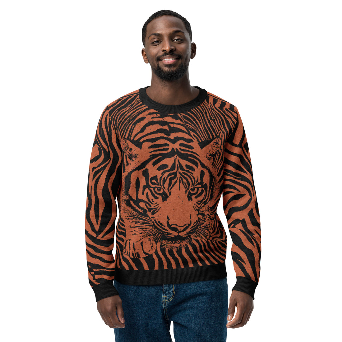 Knitted Tiger Striped Crew Neck Sweater