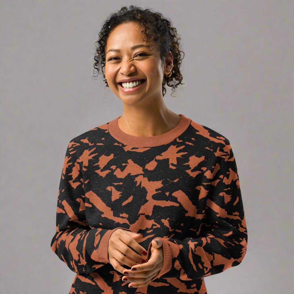 A woman smiling while wearing an autumn-inspired knitted crew neck sweater with a unique black and rust pattern.