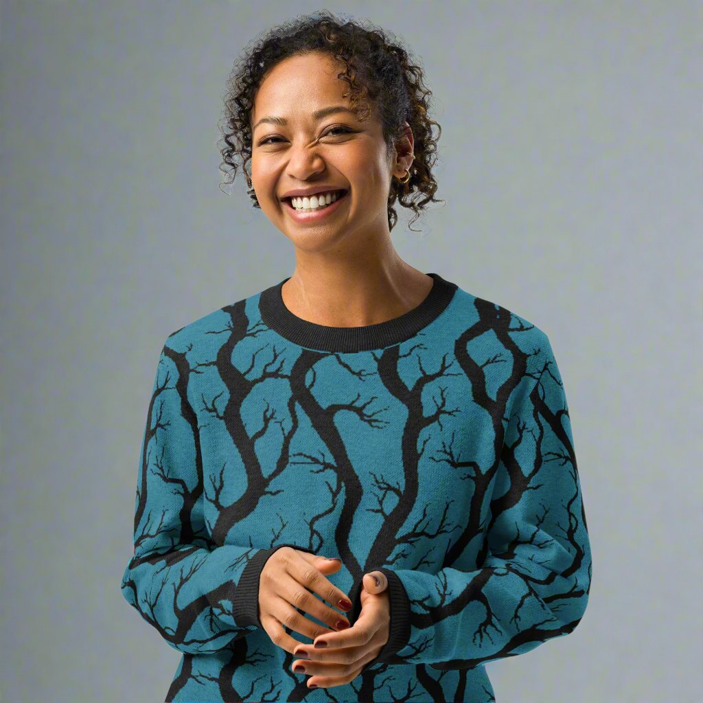 Woman wearing a teal and black tree branch patterned knitted sweater, perfect for fall and winter fashion.