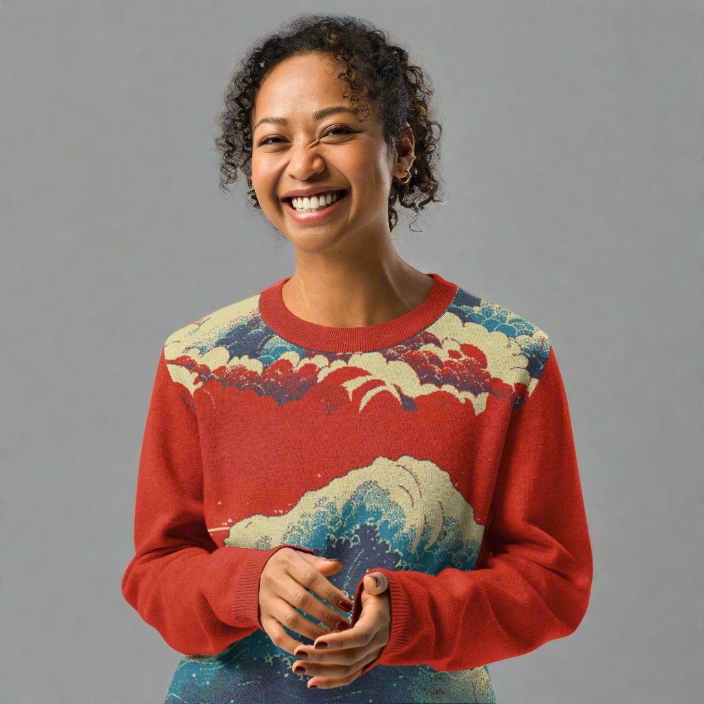 Red and blue artistic wave-pattern knitted sweater, crew neck, showcasing autumn hues.