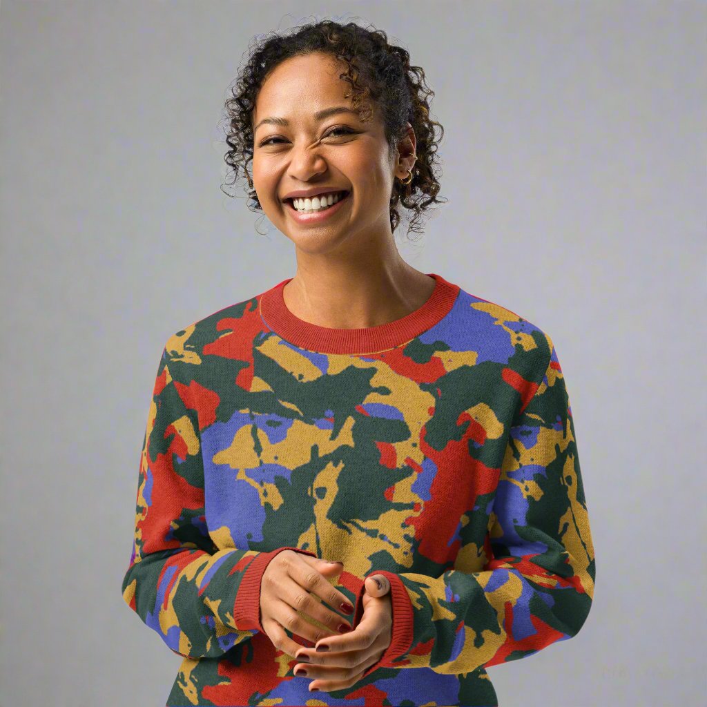 Woman wearing a vibrant autumn camouflage knit sweater with multicolor design in green, brown, and red.