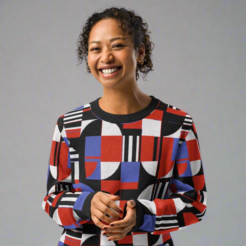 Woman wearing a geometric patchwork knitted crew neck sweater featuring vibrant red, black, and blue patterns.