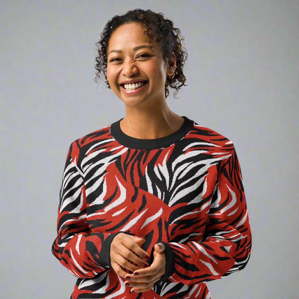 Woman wearing a red and black zebra pattern knitted sweater, featuring bold and striking animal design perfect for fall and winter fashion.