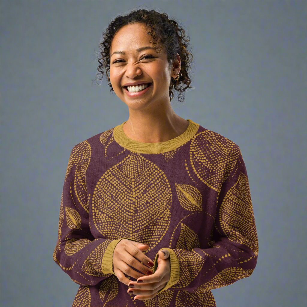 Woman wearing a maroon and mustard knitted sweater with a large autumn leaf pattern, showcasing a cozy and stylish fall design.