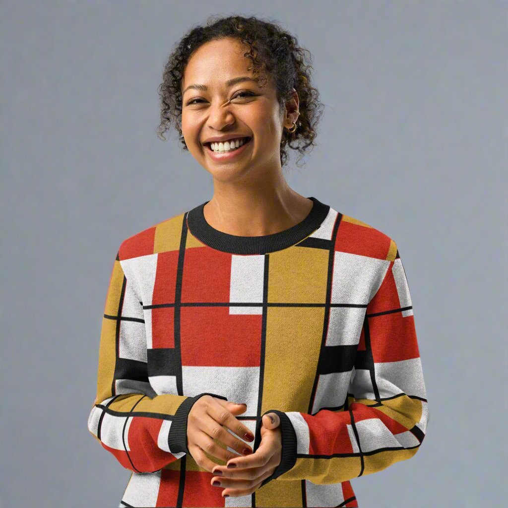 Woman wearing a geometric patchwork knitted sweater with red, mustard, and black patterns, perfect for fall fashion.