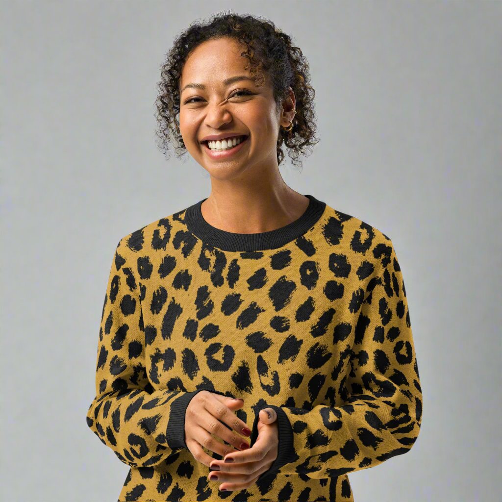 Woman wearing a leopard print knitted crew neck sweater with black trim, emphasizing fall fashion trends, autumnal style, and cozy comfort.