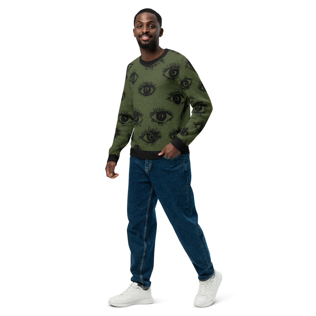 Olive Green Knit Sweater with Intricate Eye Motif