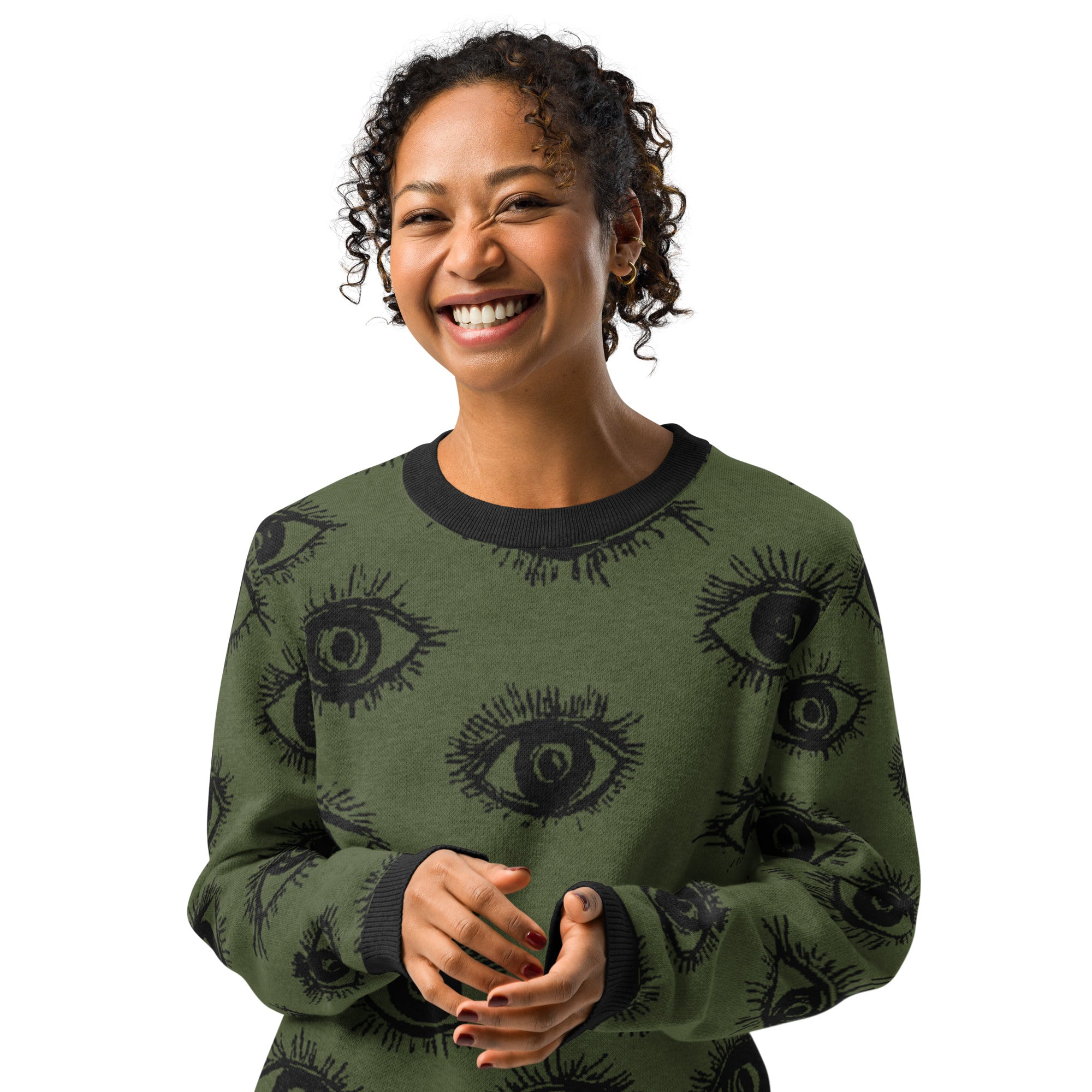 Olive Green Knit Sweater with Intricate Eye Motif