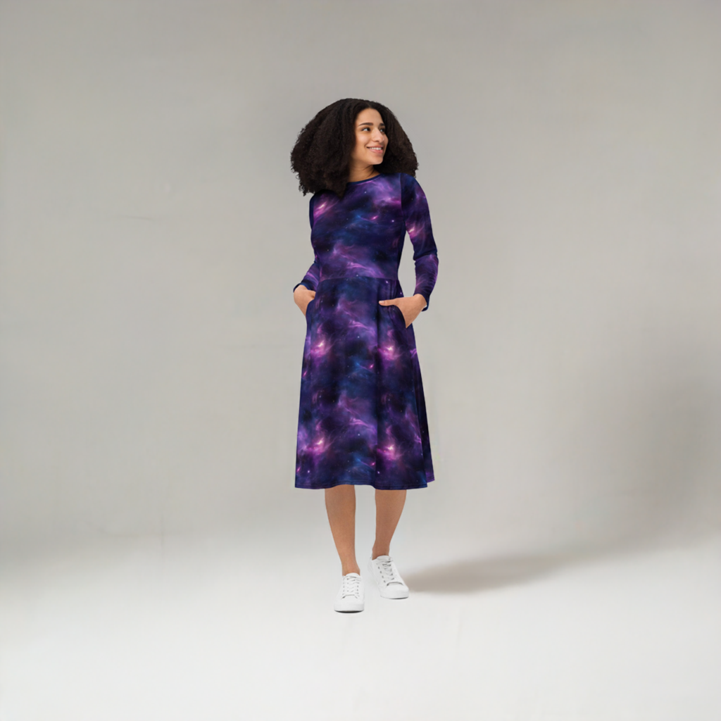 Woman wearing a long sleeve midi dress with an abstract galaxy design in purple and blue colors, featuring a fitted waist and pockets.