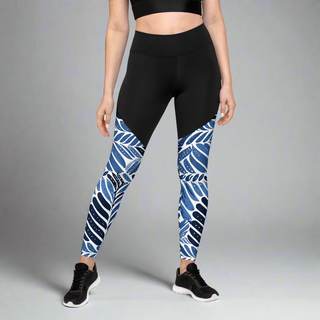 Chic compression sports leggings with leaf print design in navy and black colors